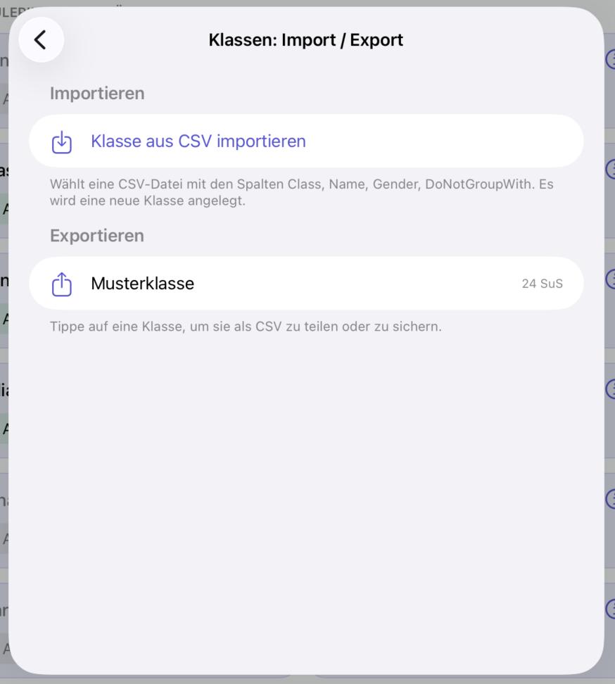 Klassen: Import und Export mit der Auswahl Klasse aus CSV importieren und dem Export einer gespeicherten Klasse