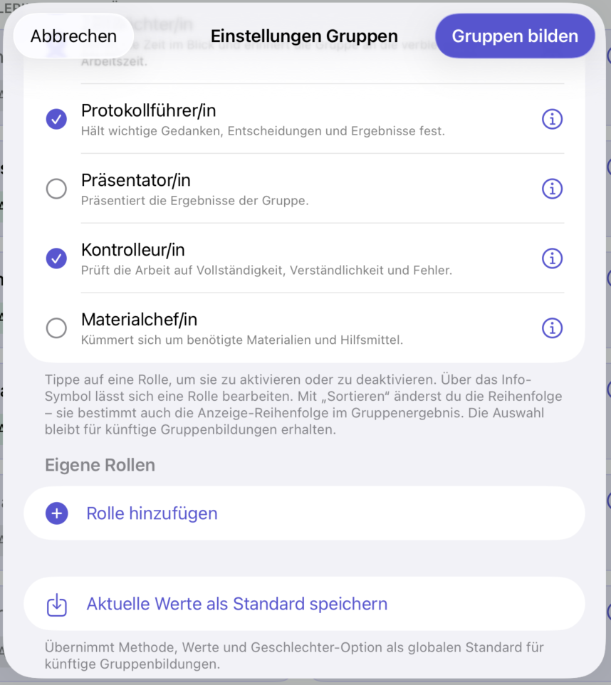 Auswahl verschiedener Rollen für die Gruppenarbeit