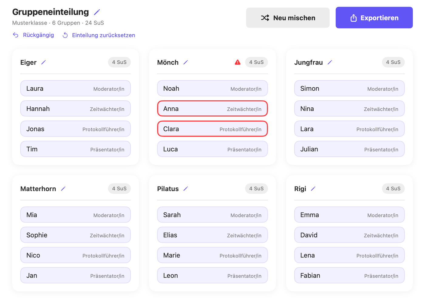 Gruppeneinteilung nach dem Umteilen von Hand: In der Gruppe Mönch sind Anna und Clara rot umrandet und neben der Gruppe steht ein Warnsymbol, weil die beiden laut Ausschlussregel nicht zusammen in eine Gruppe sollen