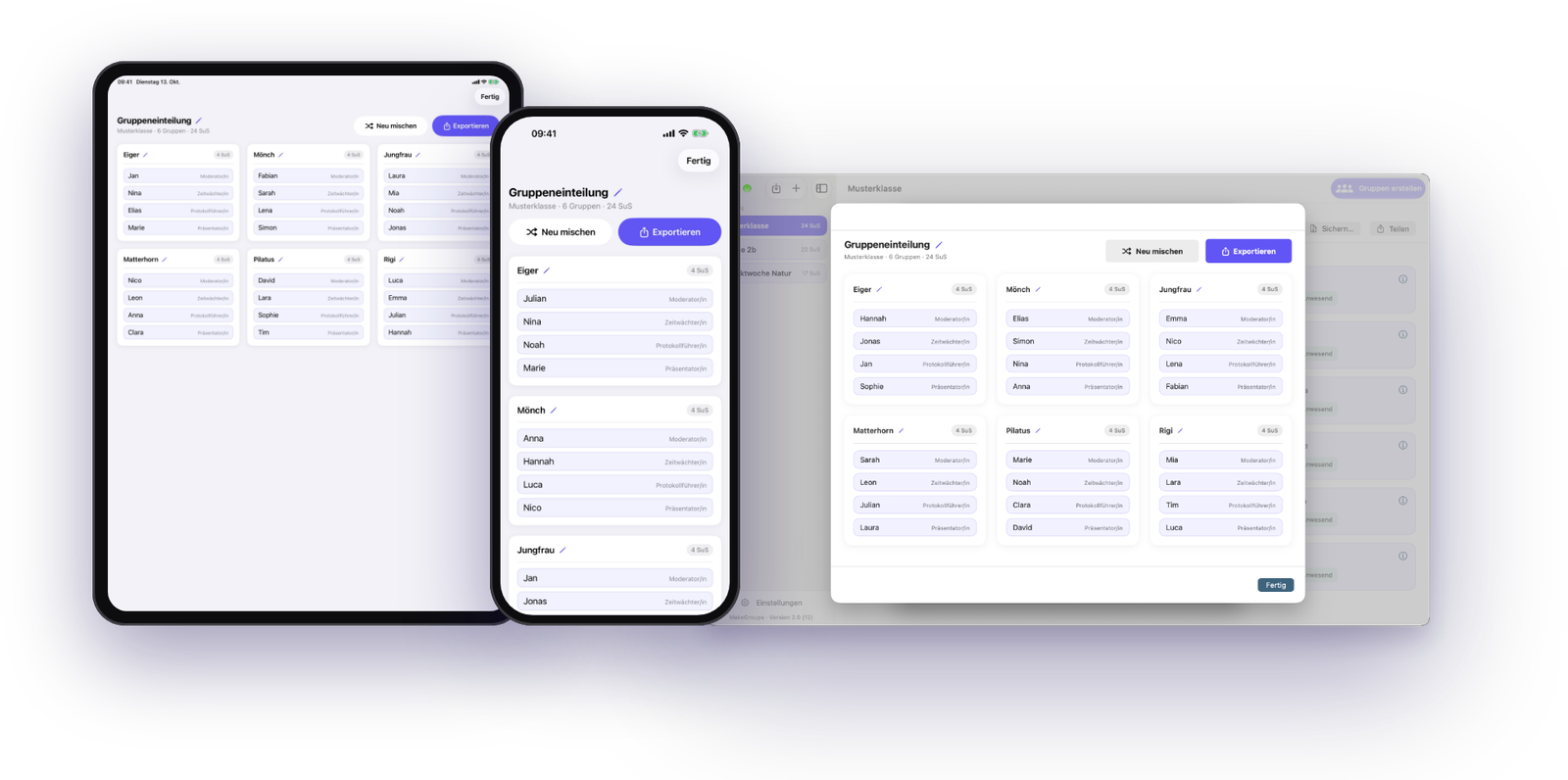 MakeGroups auf iPad, iPhone und Mac nebeneinander – alle drei zeigen die Gruppeneinteilung der Musterklasse mit Gruppen und Rollen