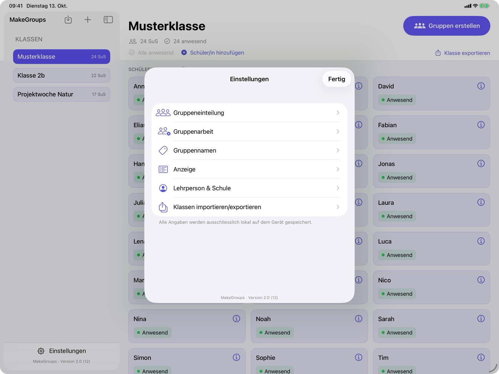 Einstellungen auf dem iPad mit den Bereichen Gruppeneinteilung, Gruppenarbeit, Gruppennamen, Anzeige, Lehrperson und Schule sowie Klassen importieren und exportieren