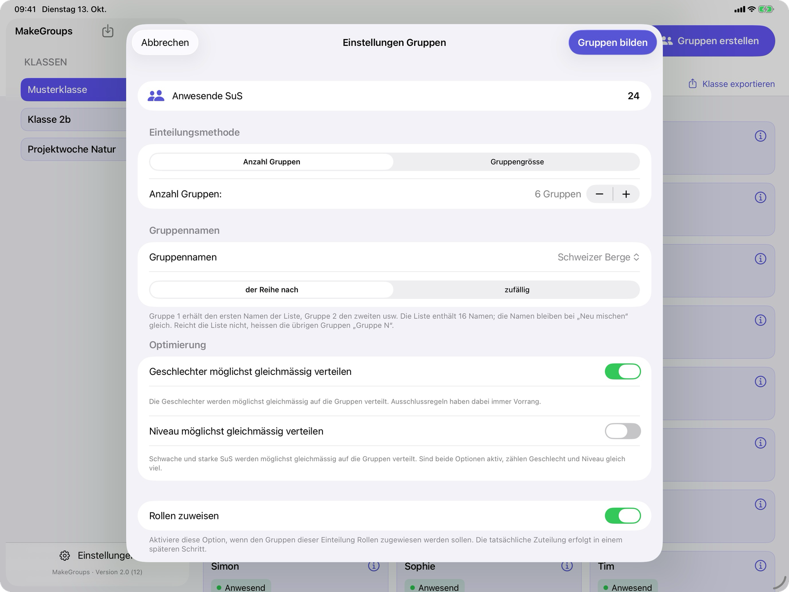 Fenster „Einstellungen Gruppen“ auf dem iPad: Anzahl Gruppen, Gruppennamen aus der Liste Schweizer Berge, Optimierung und Rollen zuweisen