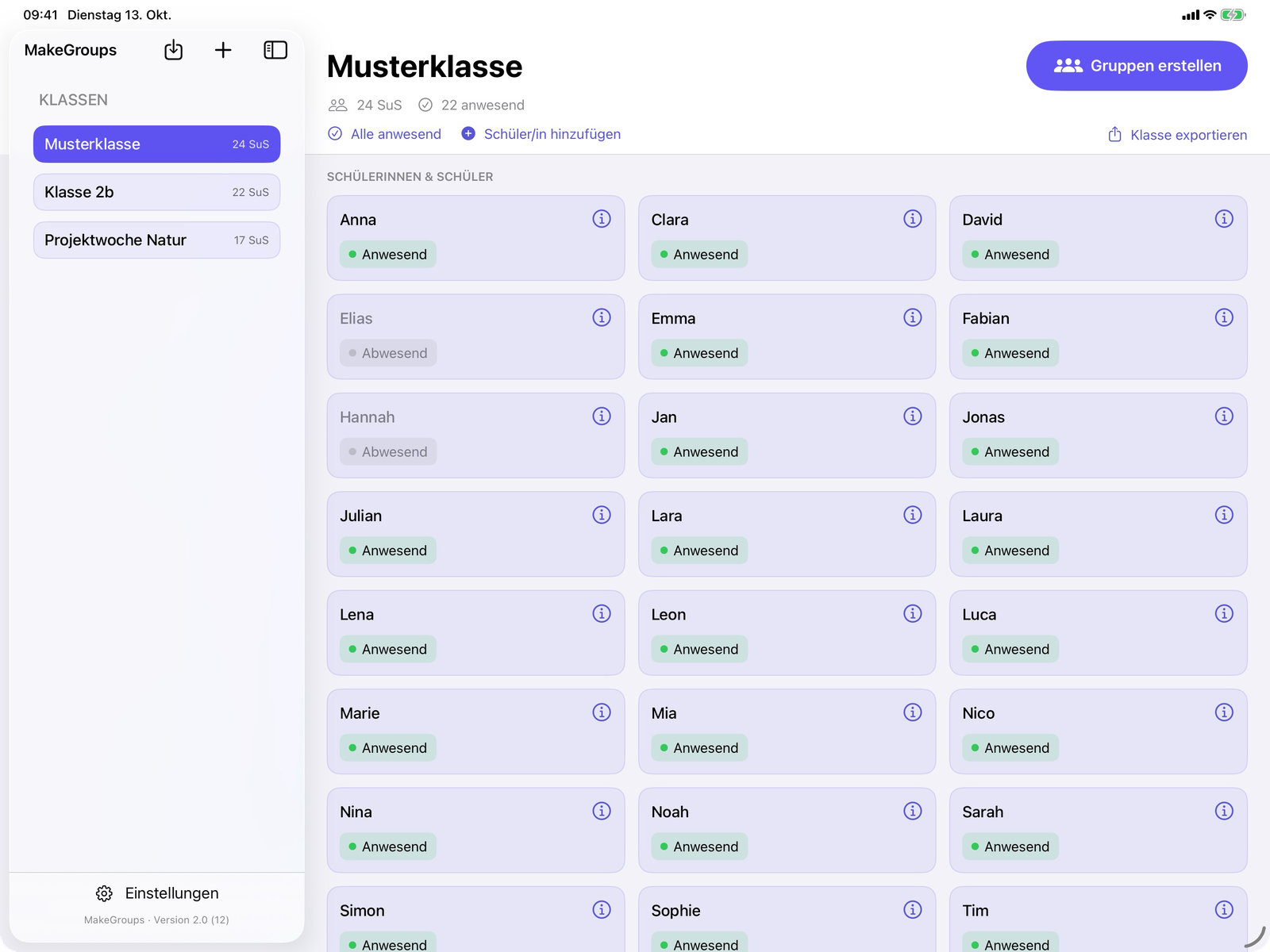 MakeGroups auf dem iPad im Querformat: Klassenansicht der Musterklasse mit 24 Lernenden, davon 22 anwesend