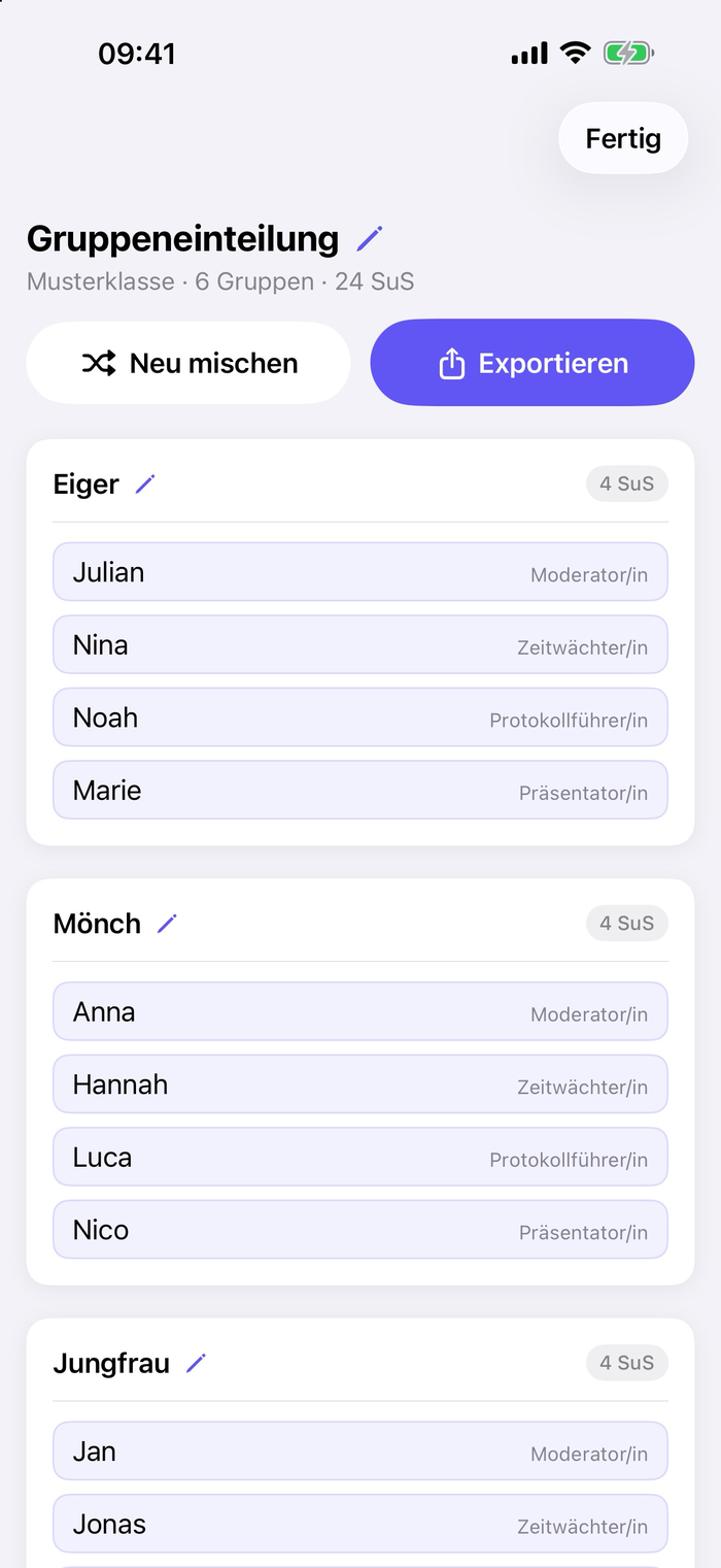 MakeGroups auf dem iPhone: Gruppeneinteilung der Musterklasse mit den Gruppen Eiger und Mönch und zugeteilten Rollen